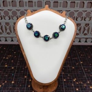 Vintage Schiaparelli Peacock Rivoli Rhinestone Choker Necklace 15.5” 1950s MCM